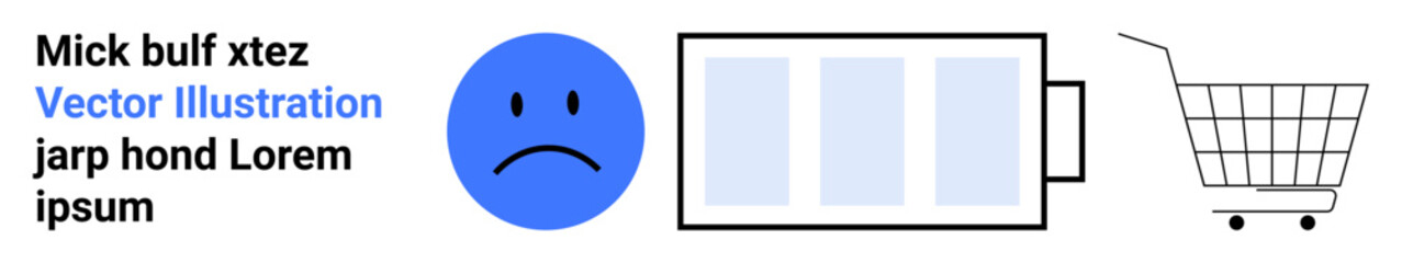Sad blue face emotion next to a low battery icon and a shopping cart. Ideal for themes on energy depletion, consumer fatigue, online shopping, mental health, emotional expression, consumer awareness