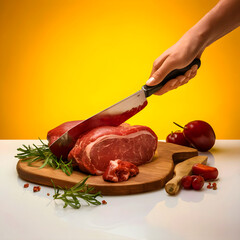 Hand Cutting Fresh Raw Meat with a Knife on Wooden Board, Culinary Still Life, Yellow Background