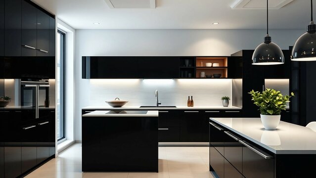 A modern kitchen with a stunning design in black and white color
