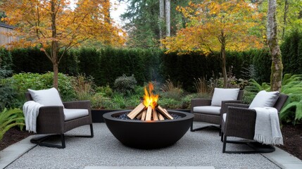 Fototapeta premium Warm flames dance in a fire pit surrounded by two wooden chairs and a blanket, creating a relaxed atmosphere near an open field and trees under natural light.