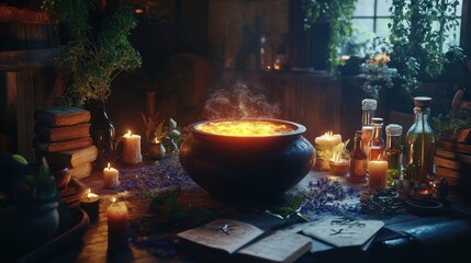 Glowing potion brews in cauldron.