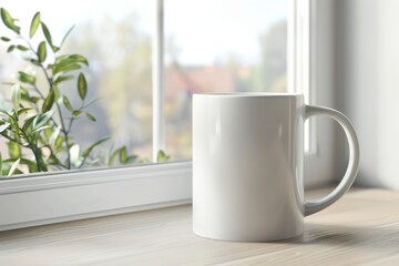 White Ceramic Mug on Wooden Table by Bright Window with Greenery