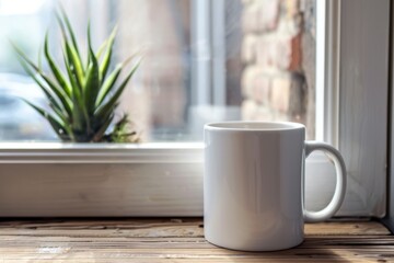 White Coffee Mug by Window with Green Plant in Bright Room