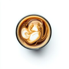 Cup of coffee with heart-shaped foam art on top served in a ceramic mug on wooden table