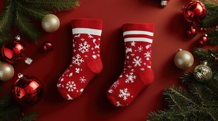 Holiday-themed socks placed on a festive table with ornaments around them