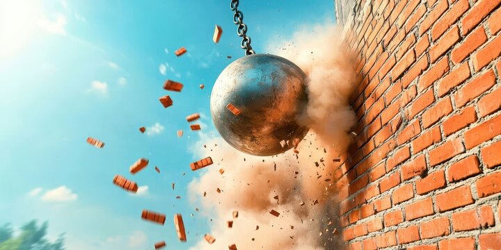 Demolition scene with a wrecking ball striking a brick wall, creating dust and debris.