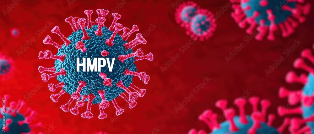 Poster illustration of the hmpv virus, depicting its structure and surrounding particles on a red backgroun