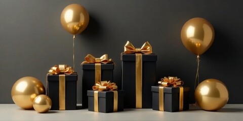 Elegant Black Gift Boxes with Gold Ribbons and Balloons, a Festive Celebration Scene