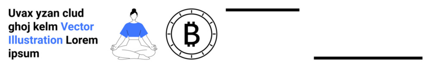 Meditation figure in blue attire, Bitcoin symbol, and text elements. Ideal for wellness, mindfulness, finance, cryptocurrency, harmony, investment, and digital innovation themes. Great for landing