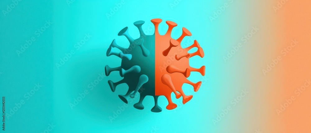 Poster 3d representation of a virus with contrasting color halves against a gradient background.