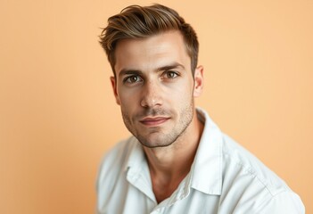 Fototapeta premium Portrait of a Western male on a beige background