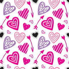 Seamless pattern with hand drawn cute  hearts vector illustration. Heart shaped vector illustration set. Mothers day, greeting card, wallpaper or gift wrapping design