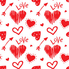 Seamless pattern with hand drawn cute red hearts vector illustration. Heart shaped vector illustration set. Mothers day, greeting card, wallpaper or gift wrapping design.