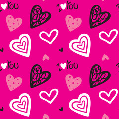 Valentines day pattern 9.epsSeamless pattern with hand drawn cute  hearts on pink background. Vector illustration. Heart shaped vector illustration set. Mothers day, greeting card, wallpaper or gift w