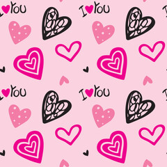 Seamless pattern with hand drawn cute  hearts on pink background. Vector illustration. Heart shaped vector illustration set. Mothers day, greeting card, wallpaper or gift wrapping design.