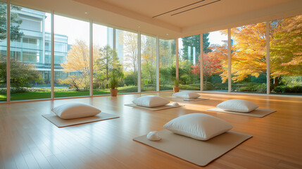 A serene yoga room with wooden floors, large windows letting in natural light, and calming decor such as plants, mats, and soft pillows.