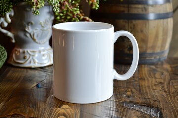 Fototapeta premium Plain White Ceramic Mug on Wooden Table with Decorative Background