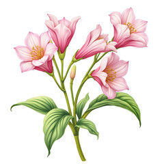 Fototapeta premium Illustration of pink bellflowers with bright green stems and leaves, done in botanical style, isolated on white background.