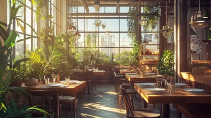 Modern restaurant with large glass windows