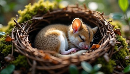 Obraz premium Tiny dormouse sleeping peacefully in a nest of leaves and moss, softly illuminated by natural light