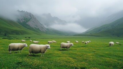 Fototapeta premium A peaceful pasture scene with grazing sheep under a misty sky, surrounded by lush green hills and mountains creating a serene pastoral landscape
