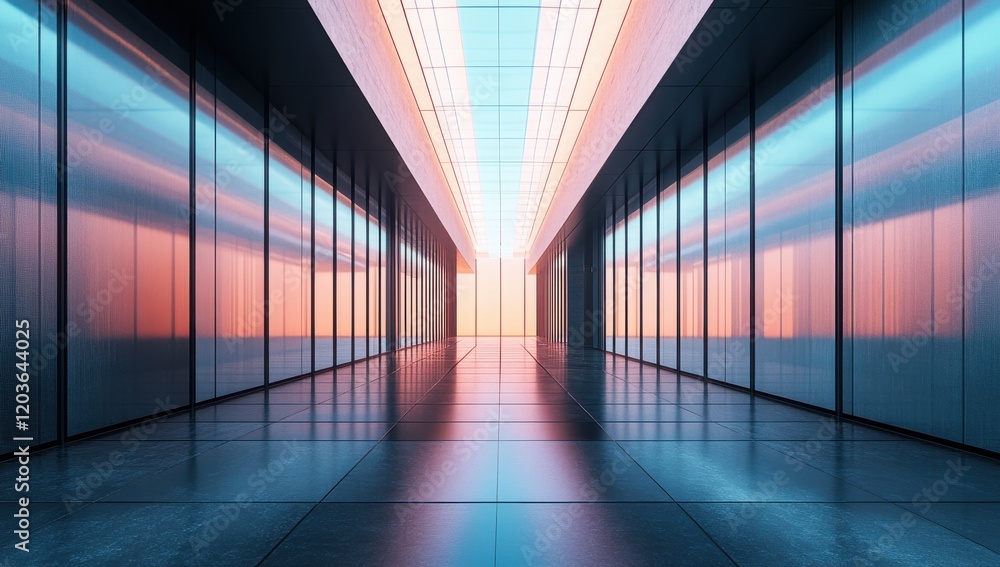 Poster abstract reflection of modern architectural space with glass walls and colorful lighting during suns