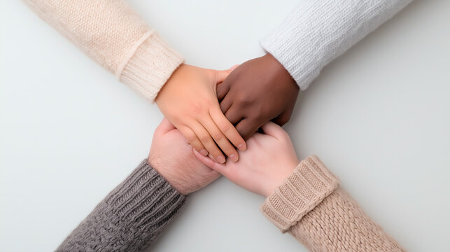 Hands of diverse individuals holding together in a circle on a clean white background, symbolizing unity and support. - Powered by Adobe