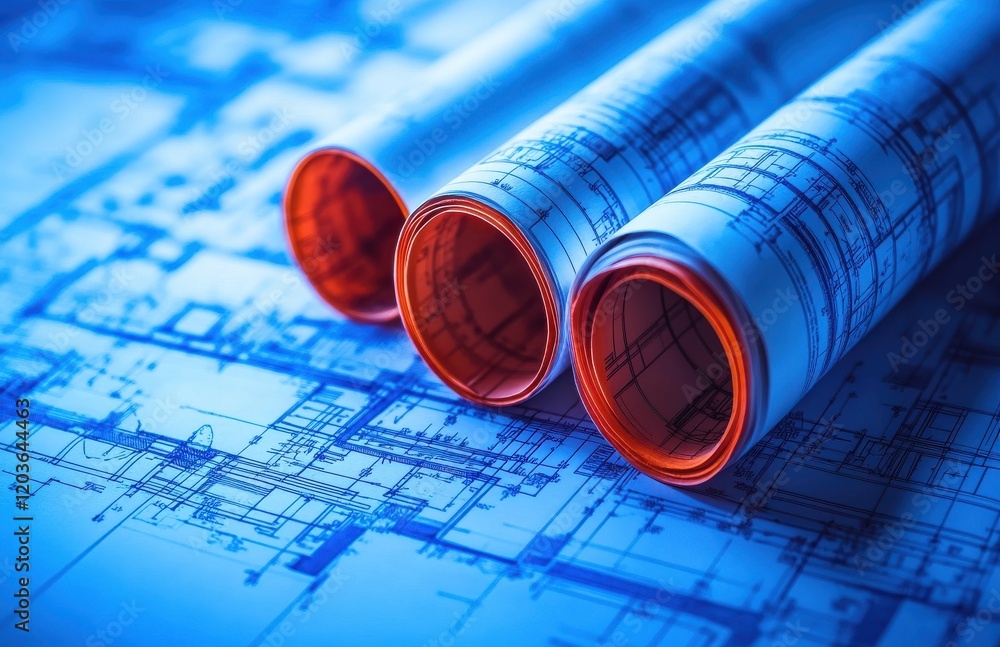 Poster blueprint rolls on table with blue tones representing architectural design and planning for construc
