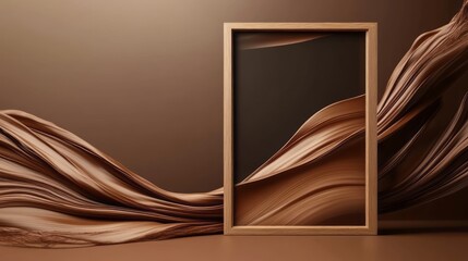 Abstract mocha mousse 2025 background with a wooden frame and flowing chocolate-colored cloth
