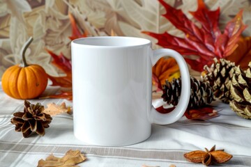White Coffee Mug Surrounded by Autumn Leaves and Decorative Items