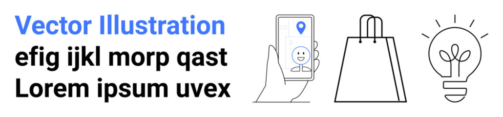 Mobile app location on smartphone, shopping bag, light bulb with plant growing inside. Ideal for technology, e-commerce, ideas, innovation, growth navigation digital. Landing page