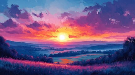 Obraz premium Vibrant sunset landscape painting with rolling hills and colorful sky over a grassy field