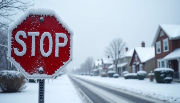 Frosted stop sign in a snowy suburban street with cold winter ambiance and blurred frozen edges
