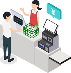 スーパーマーケットでの男性買い物客と店員とセミセルフレジレジのアイソメトリックイラスト