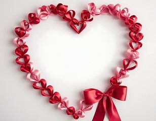 Obraz premium Saint valentines day frame design, Creative layout adorned by red and pink rose flowers and paper heart in heart shape on white background. Top view, flat lay concept