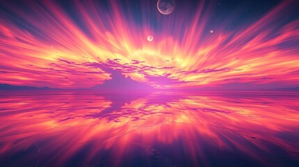 Fototapeta premium Vibrant Pink Sunset Landscape Celestial Bodies Reflective Water
