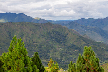 Fototapeta premium Tierradentro, Inza, Cauca, Colombia. Beautiful landscape of the Andes Mountains. Valley, mountain range. Pine trees in the foreground. Cloudy sky.