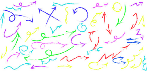 Set of colorful hand drawn arrows of different shape. Design element.