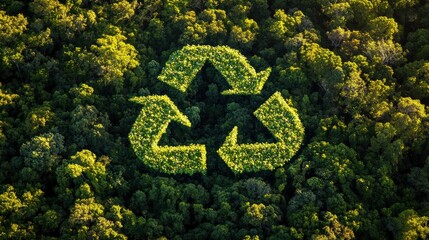 A dense, vibrant green forest with a large recycle symbol