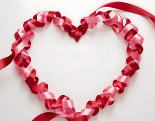 Obraz premium Saint valentines day frame design, Creative layout adorned by red and pink rose flowers and paper heart in heart shape on white background. Top view, flat lay concept