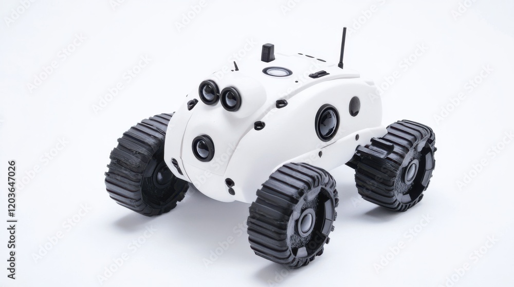 Poster a compact robotic vehicle designed for exploration, showcasing advanced sensors and wheels on a plai