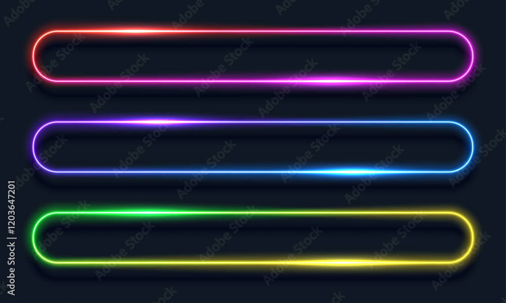 Poster neon rectangle light frame. led button with glow. laser template for text. gradient banner with roun