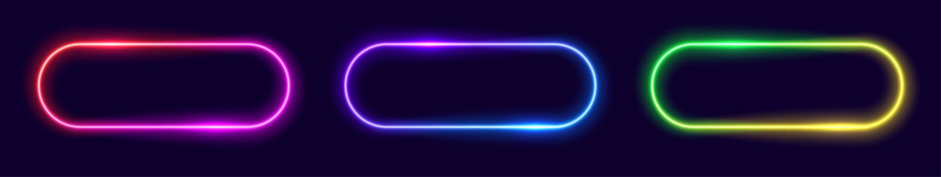 Neon rectangle light frame. Led button with glow. Laser template for text. Gradient banner with rounded corners. Fluorescent elements for the design of advertising, clubs and games. Glowing neon frame