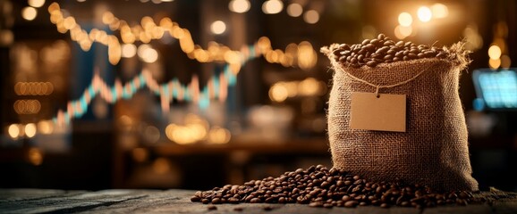 Coffee bag with beans and a background of lights and graphs.