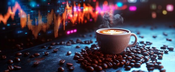 Steaming coffee cup surrounded by coffee beans and digital art.
