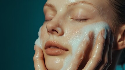 Obraz premium Close-up studio shot of a beautiful woman with perfect skin, cleaning her face with a gentle touch, highlighting skincare routine, beauty treatment for flawless complexion. Lens focus on facial care