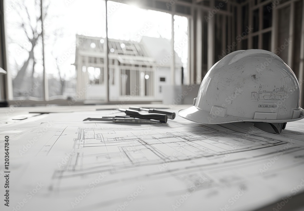 Poster construction blueprint and hard hat on table at a building site with framing and natural light creat