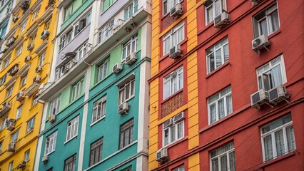 Obraz premium Double Exposure: Colorful Air Conditioners on House Wall