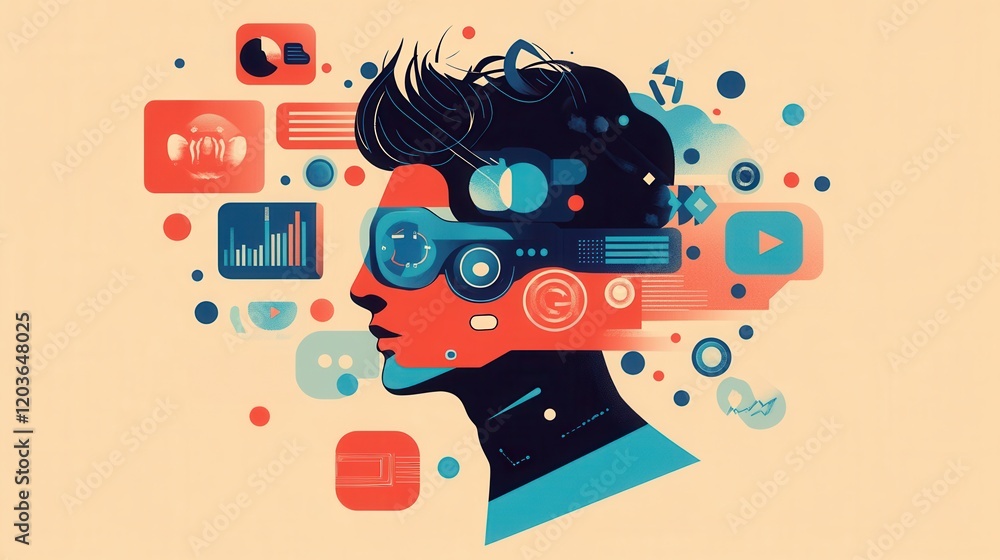 Poster abstract representation of a person with digital elements symbolizing technology and information
