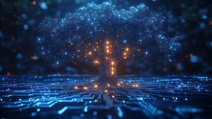 Futuristic High-Tech Circuit Tree on a Vibrant Digital Blue Background